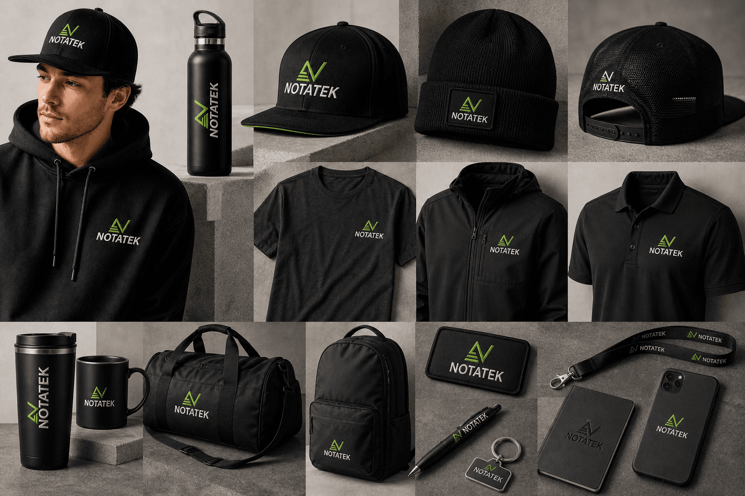 Collage of custom branded merchandise for NOTATEK including hats, apparel, water bottles, bags, and office accessories.