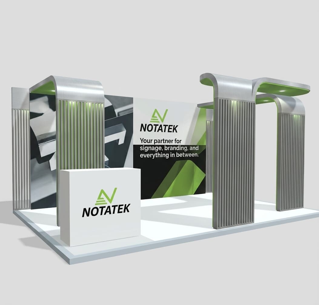 Rendered modern trade show exhibit booth for NOTATEK signage and branding with curved metal structures.