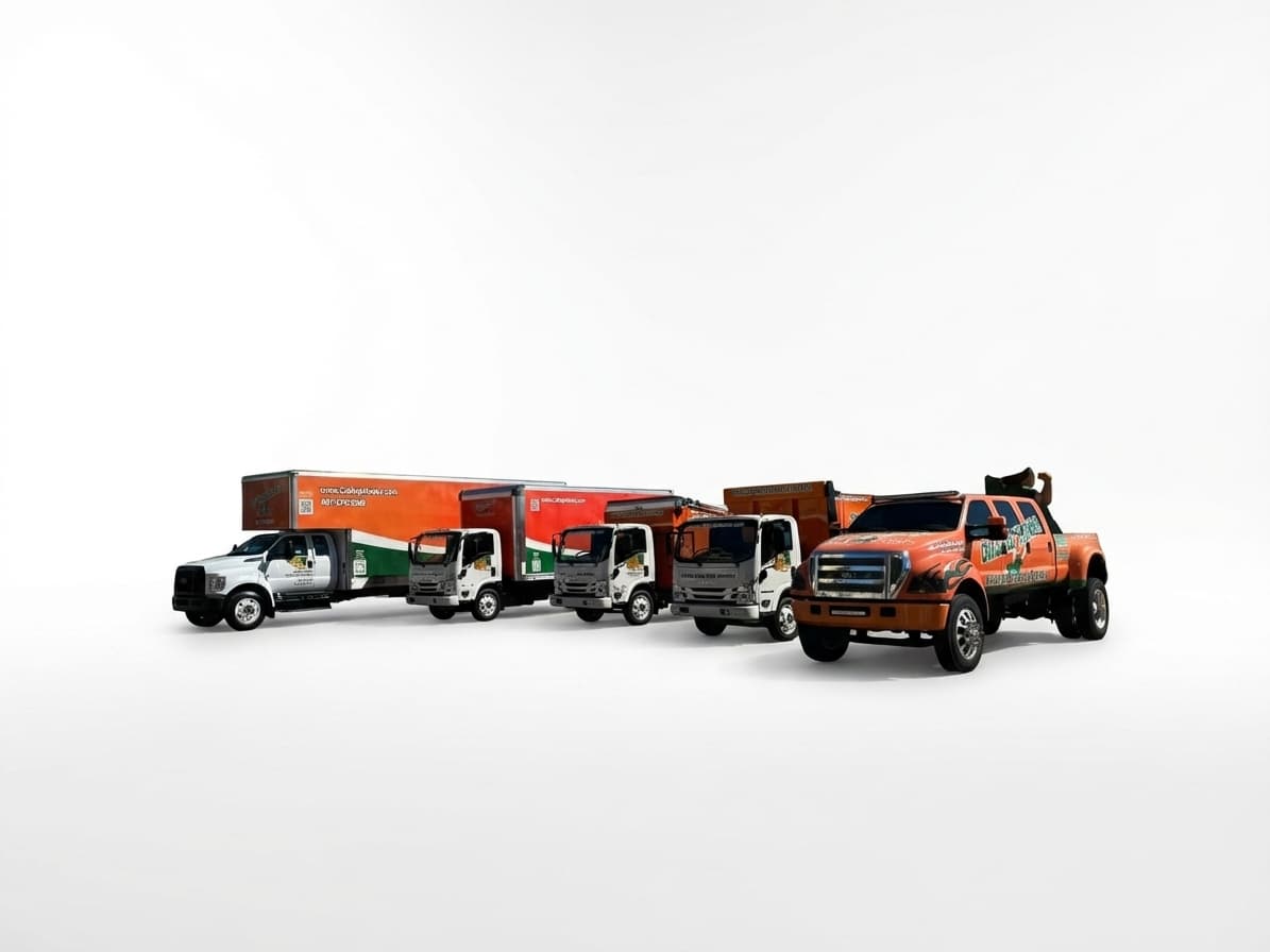 A fleet of College Hunks Hauling Junk trucks with custom orange and green vehicle wraps on a white background.