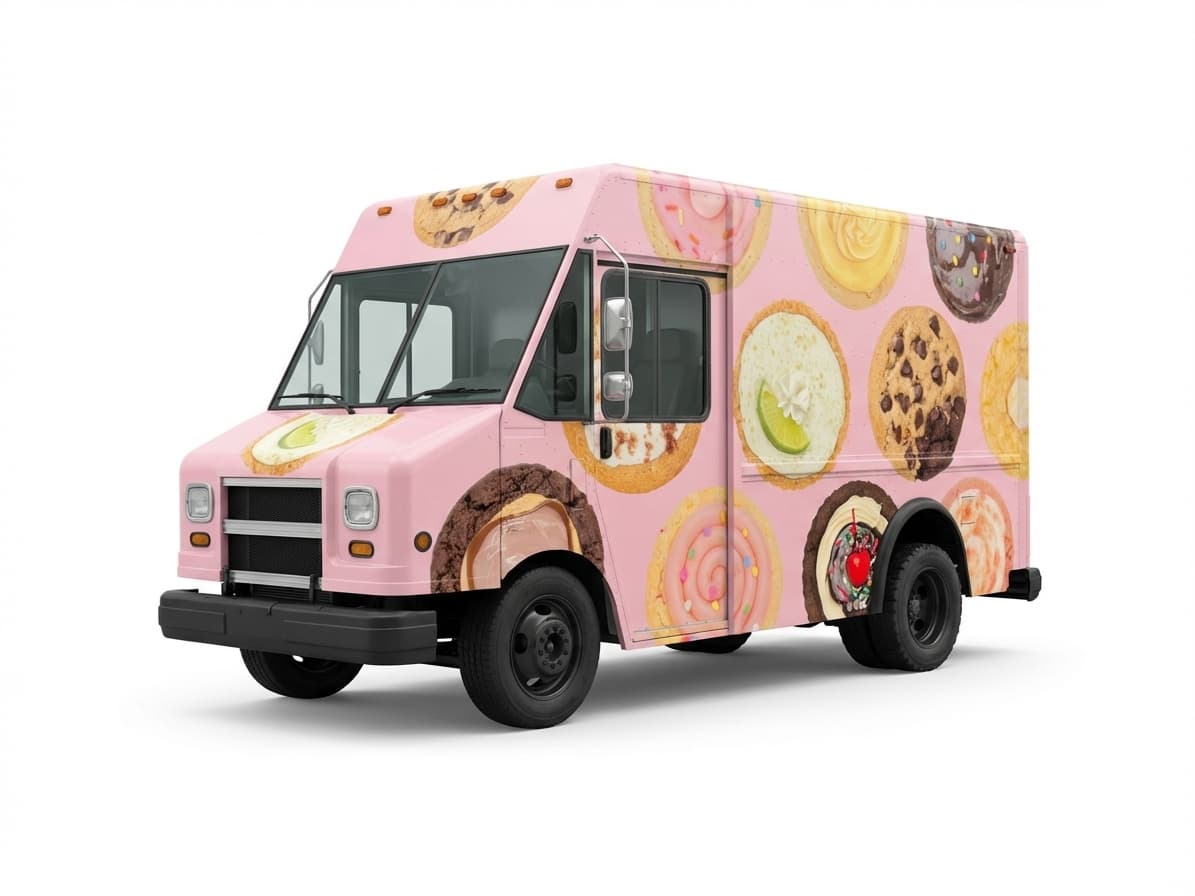 Pink Crumbl Cookies delivery truck with large cookie graphics on a white background.