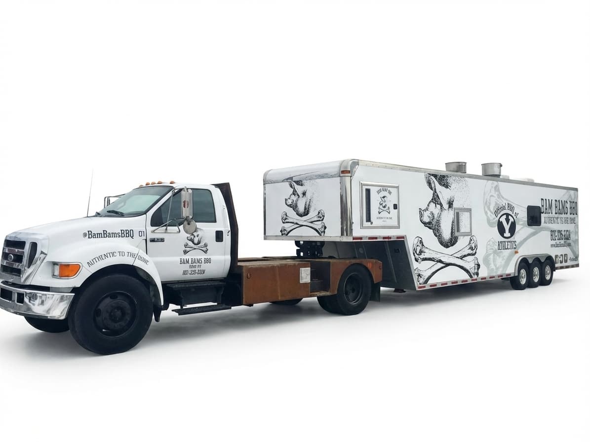 A large white truck and trailer with Bam Bams BBQ branding and custom graphics.