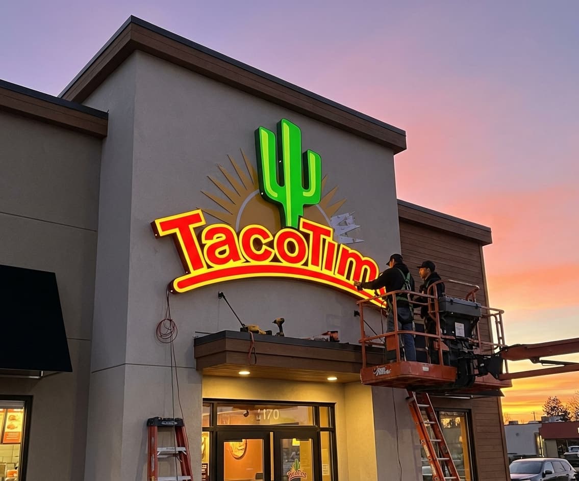 Workers on a lift installing a glowing Taco Time sign on a building at sunset.