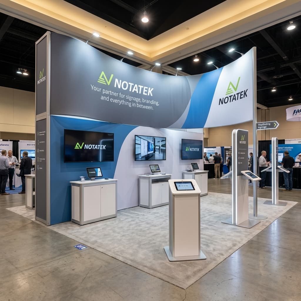 A large, modern NOTATEK trade show booth with curved headers, digital displays, and kiosks.