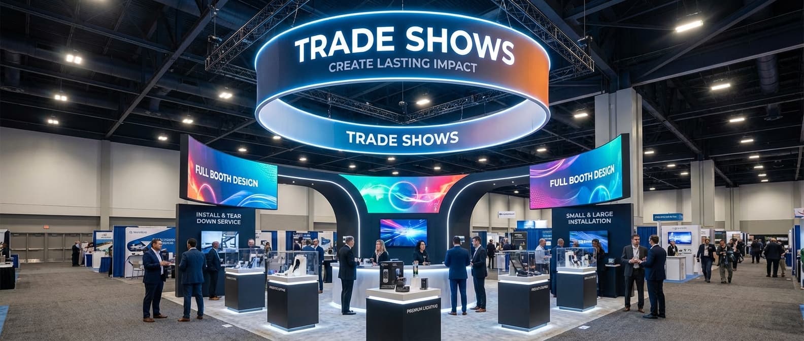 Large, modern trade show booth featuring a massive circular hanging sign, LED video walls, and display podiums.