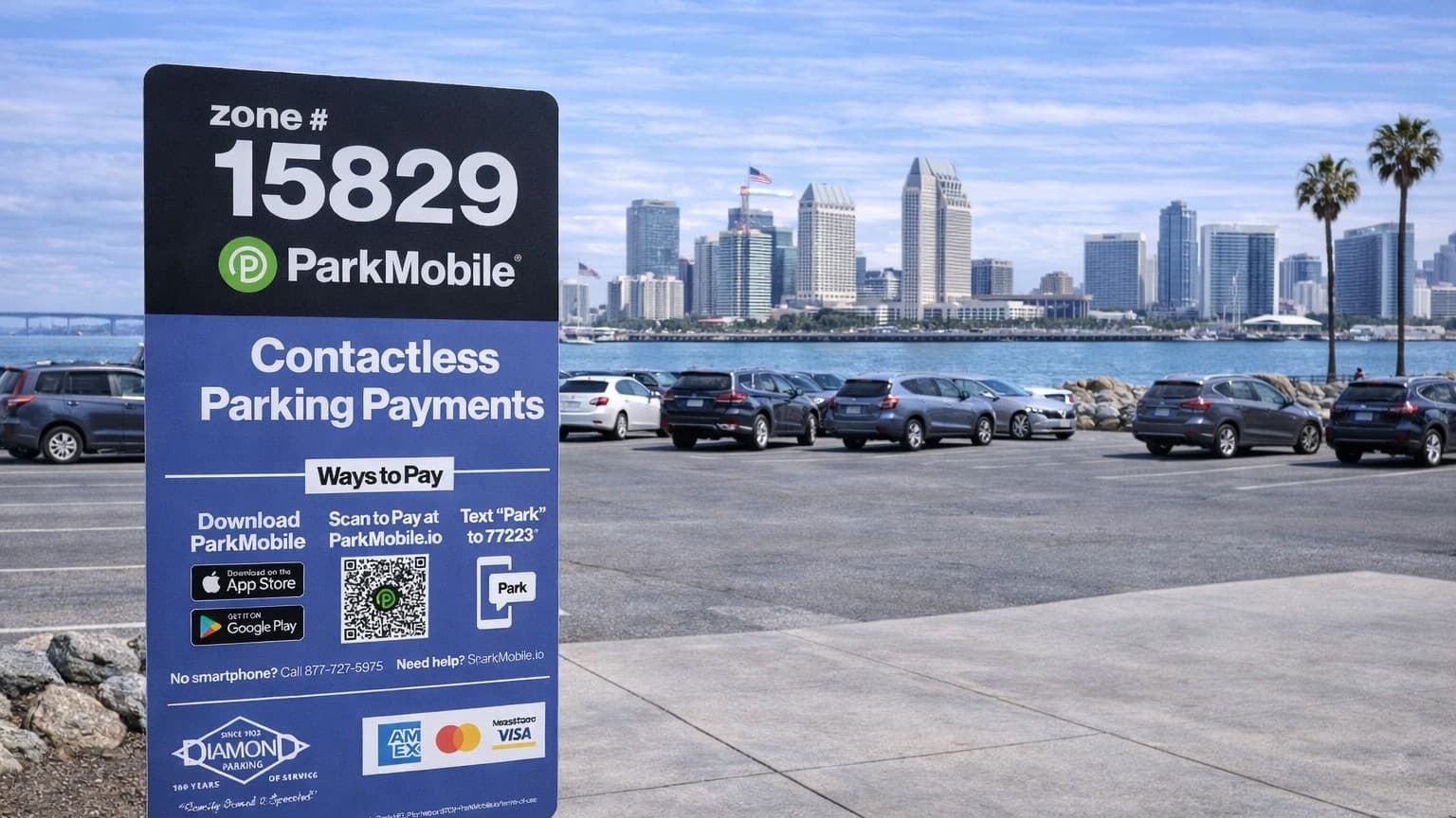 ParkMobile parking sign showing zone 15829 and payment options, set against a sunny waterfront city skyline and parking lot.