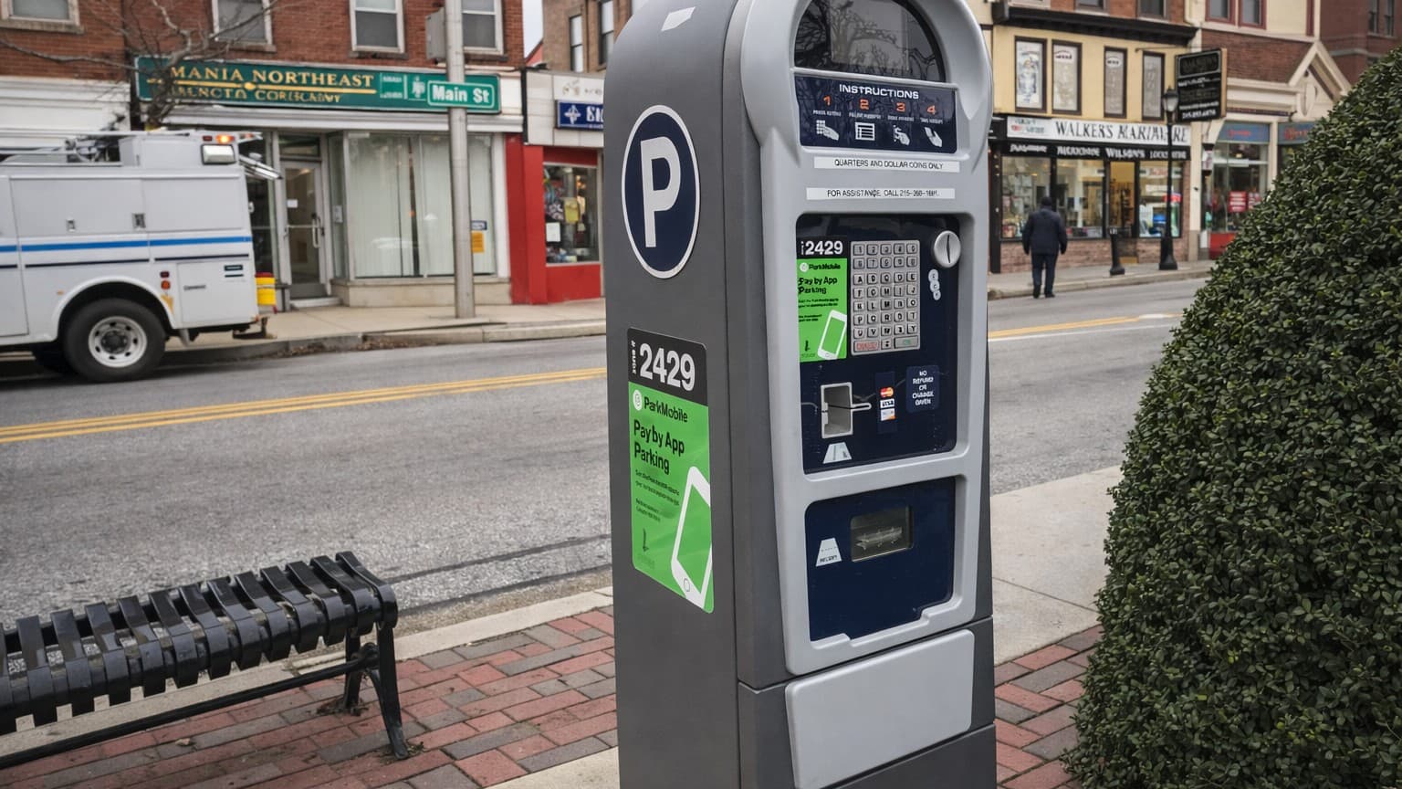 Modern grey parking kiosk on a brick sidewalk featuring vinyl decals with parking instructions and app information.