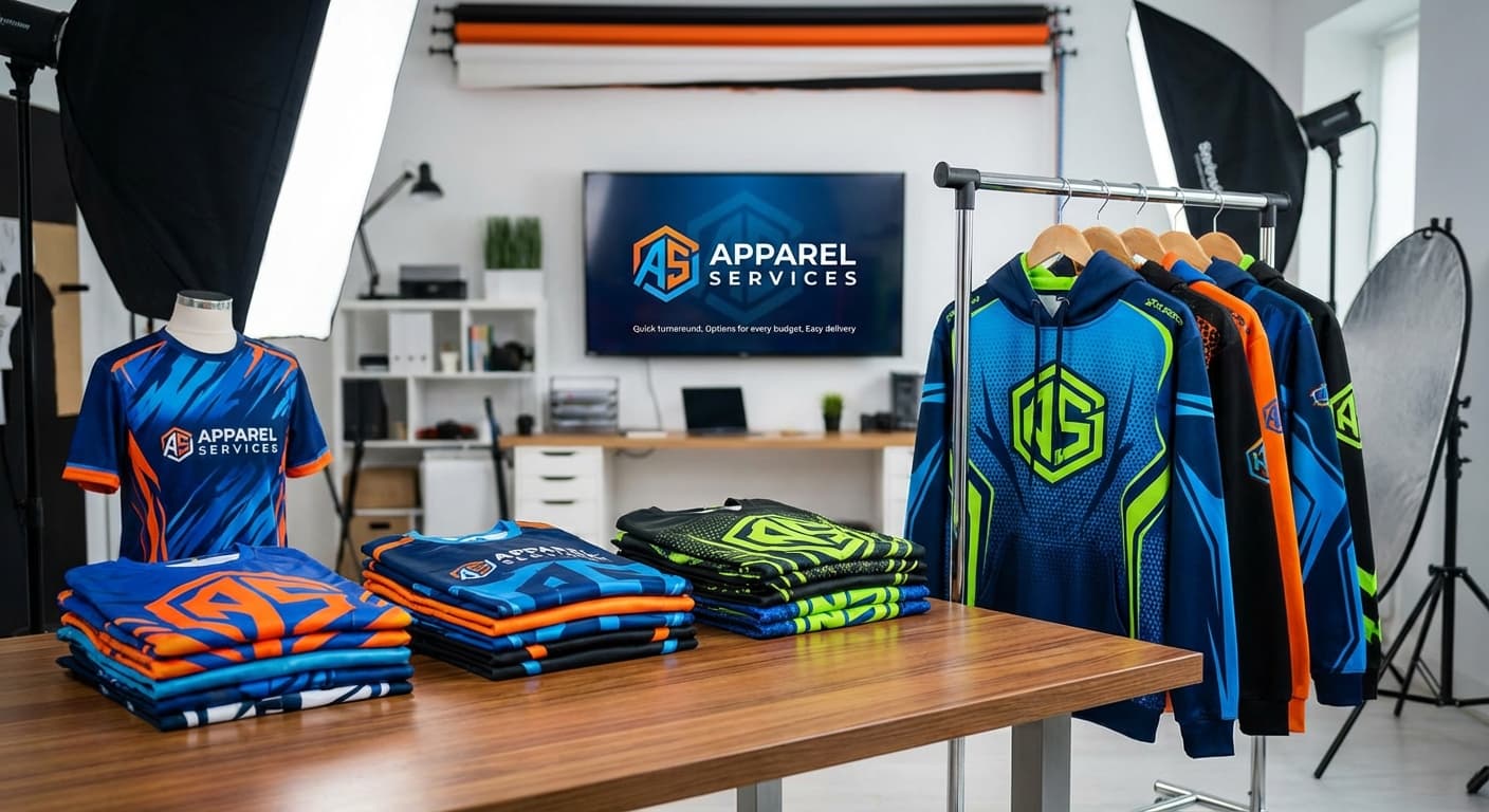 Showroom display featuring custom sublimated sports jerseys and hoodies with Apparel Services branding.