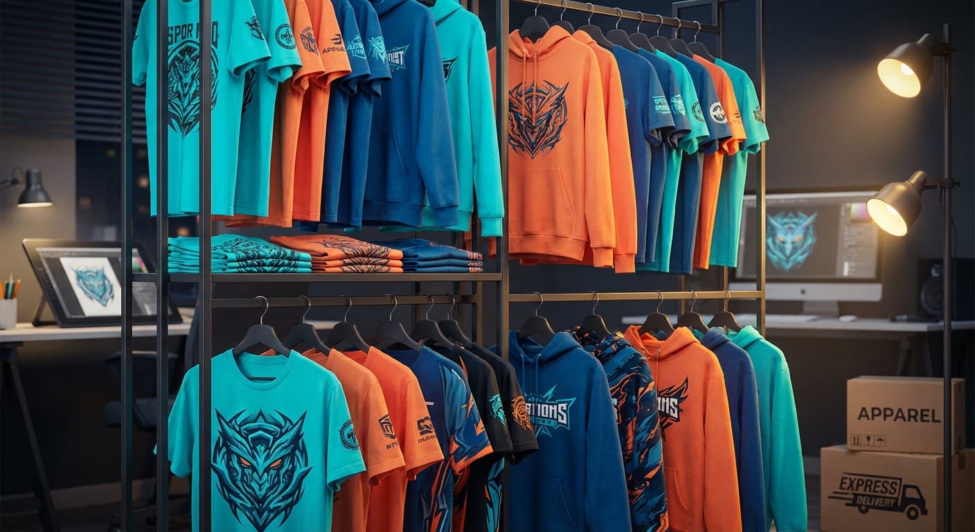 A clothing rack displaying custom branded t-shirts and hoodies in teal, orange, and blue with esports-style logos.