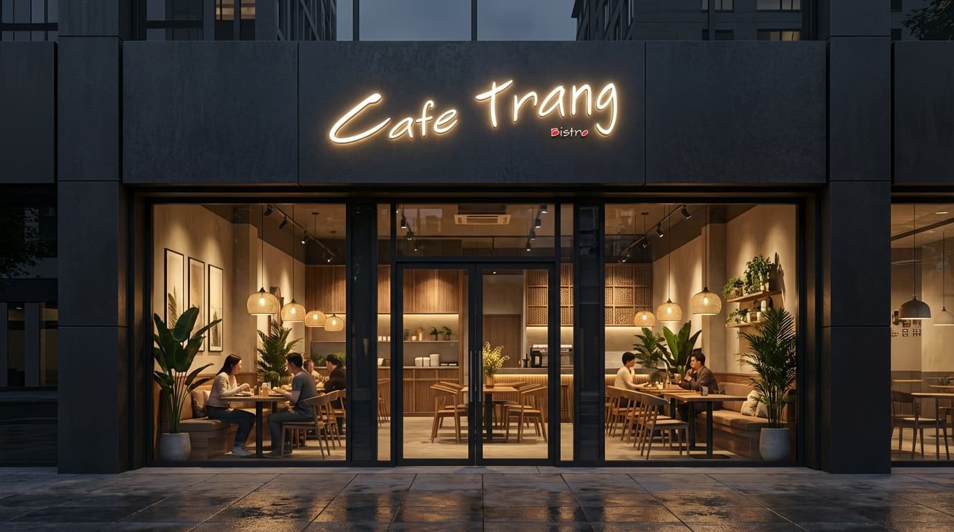 Exterior of 'Cafe Trang Bistro' at night with an illuminated script sign above a glass storefront.