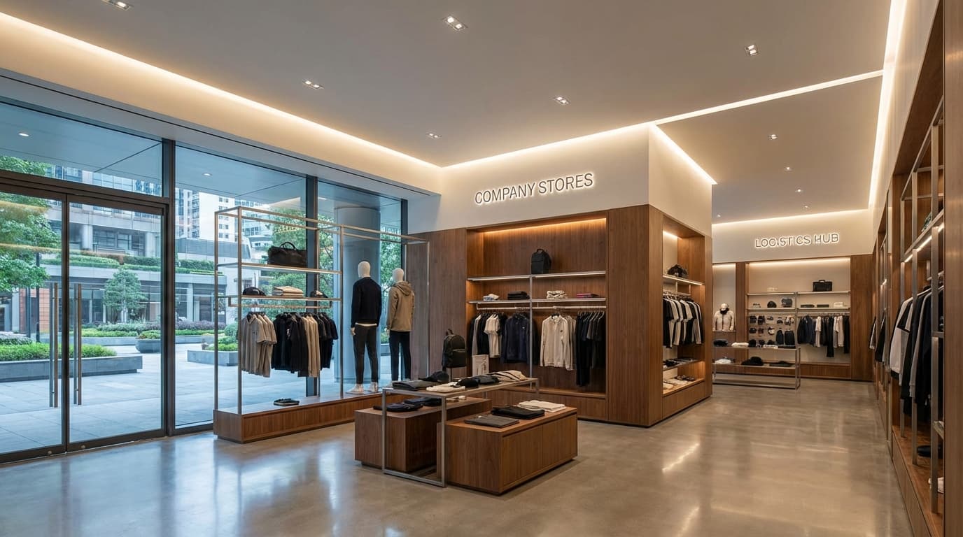 Modern retail interior featuring illuminated wayfinding signage reading 'COMPANY STORES' and 'LOGISTICS HUB' above wood shelves.