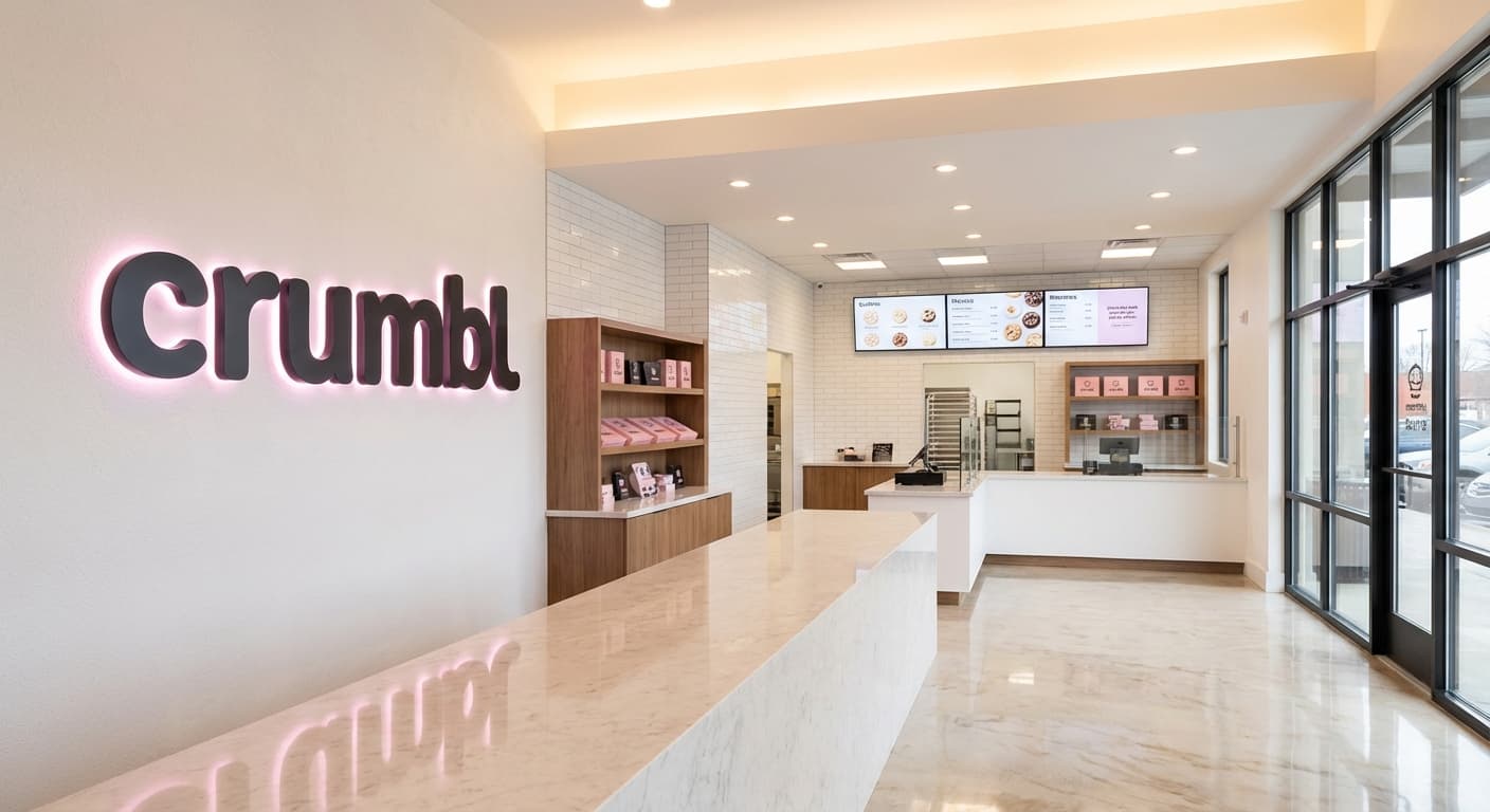 Interior of a Crumbl shop with large backlit logo on a white wall, white tile, digital menus, and a marble counter.