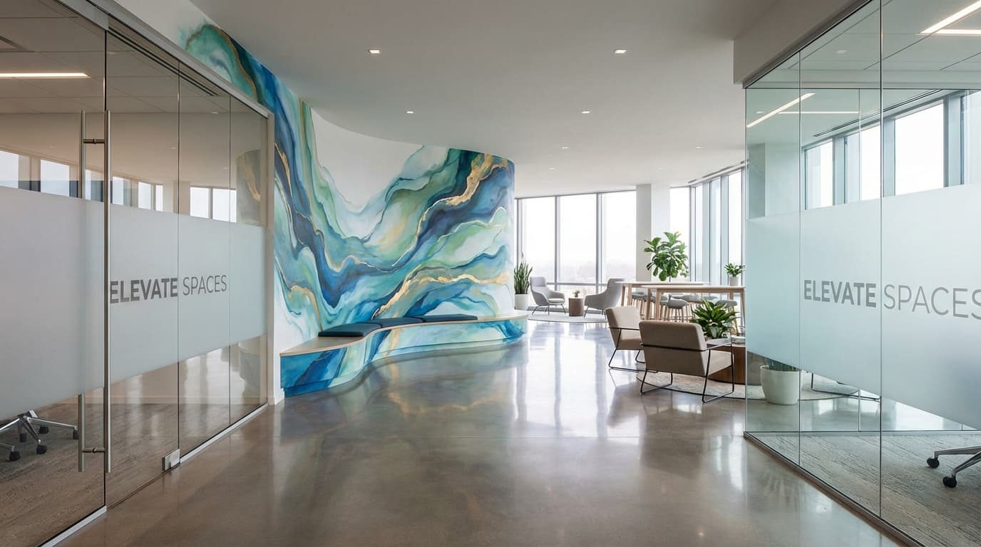 Modern office interior featuring a large abstract wall mural and frosted glass partitions with "ELEVATE SPACES" text.