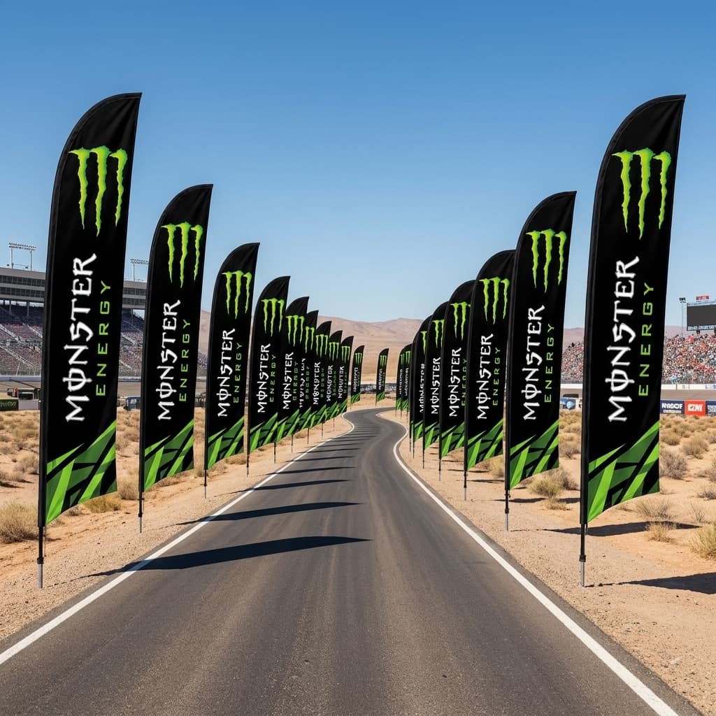 Rows of Monster Energy feather flags lining a road leading to an event venue.