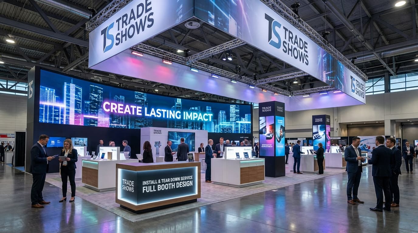 Large trade show booth with hanging overhead banner, LED video wall, and illuminated reception counters.