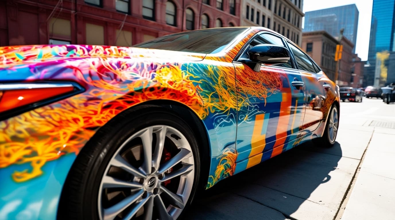A modern sedan covered in a vibrant, colorful abstract vinyl wrap parked along an urban street.