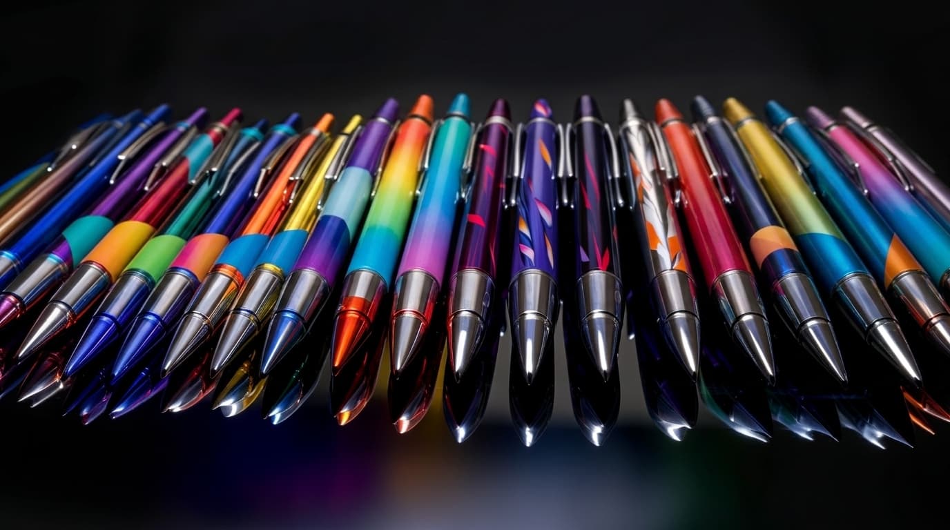 A row of sleek, colorful ballpoint pens arranged in a line on a glossy reflective black surface.