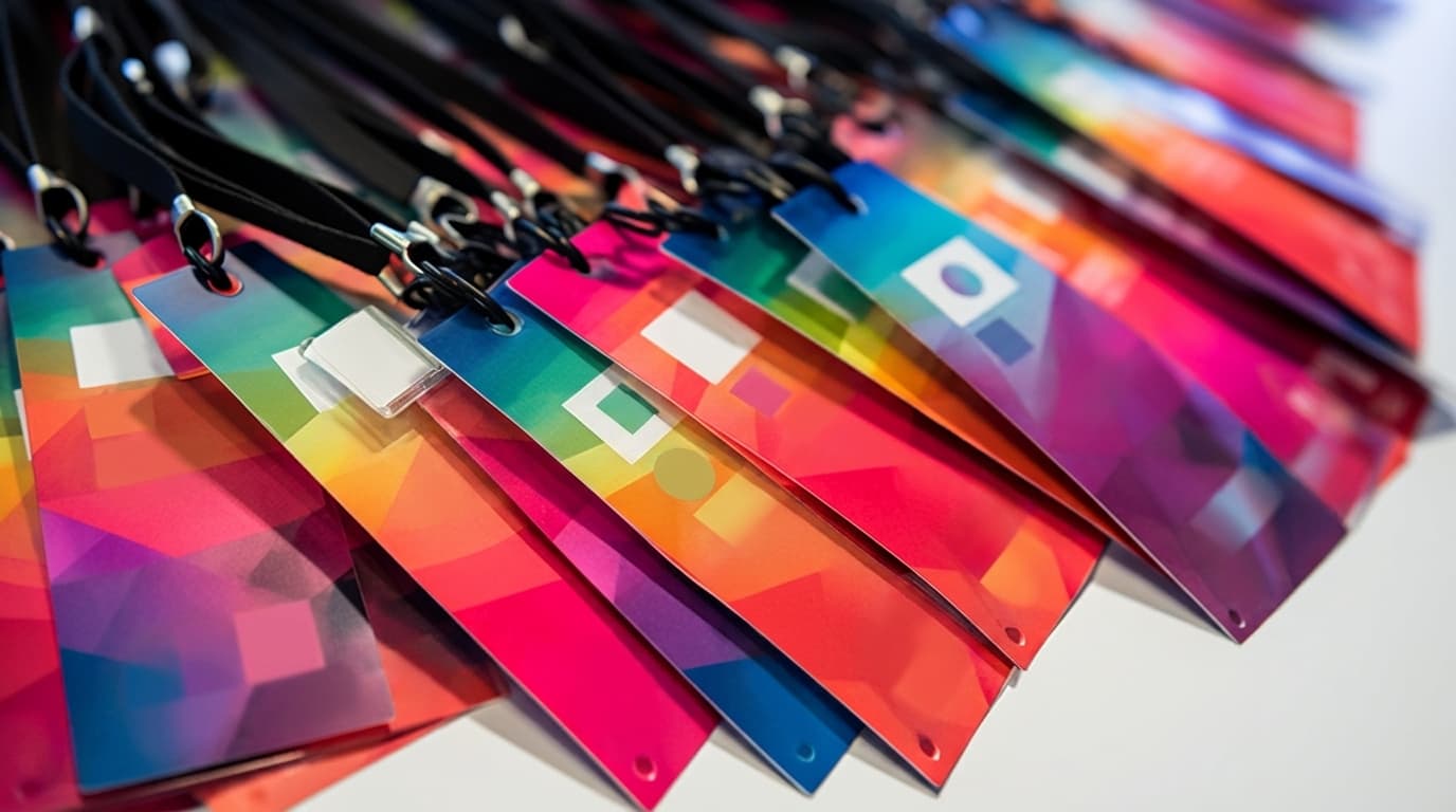A row of colorful conference badges with geometric designs attached to black lanyards on a table.
