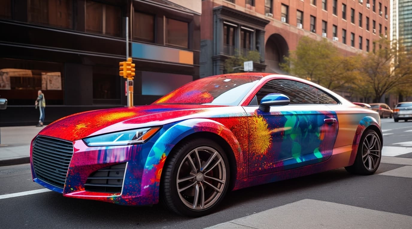 A modern sports coupe covered in a vibrant, colorful abstract vinyl wrap parked on a city street.