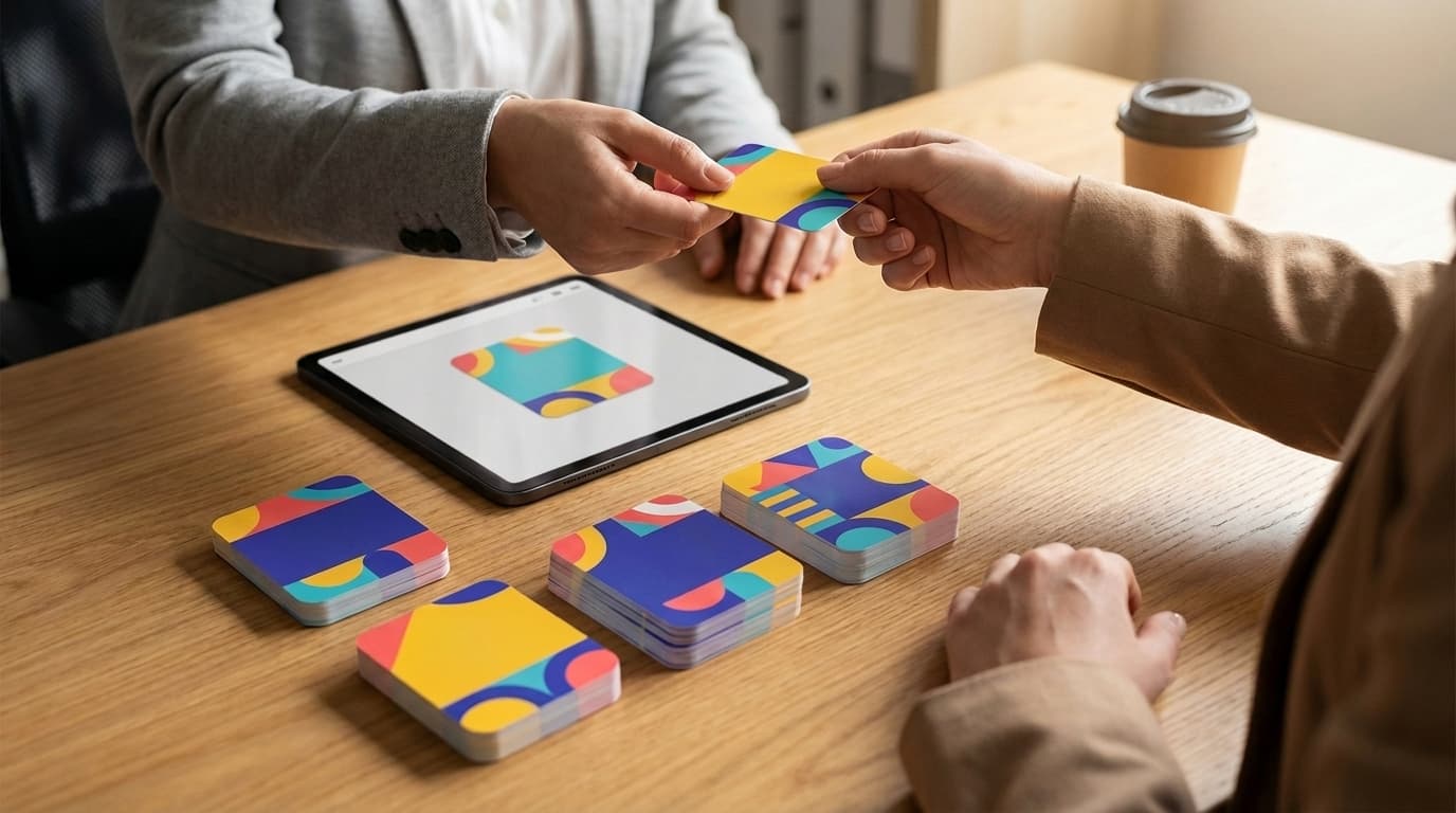 A person hands a colorful printed card across a wooden desk with card stacks and a digital tablet.