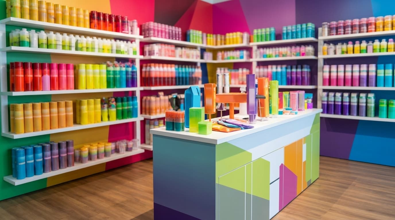 Bright showroom featuring shelves neatly organized with colorful bottles and containers arranged in vibrant gradient colors around a counter.