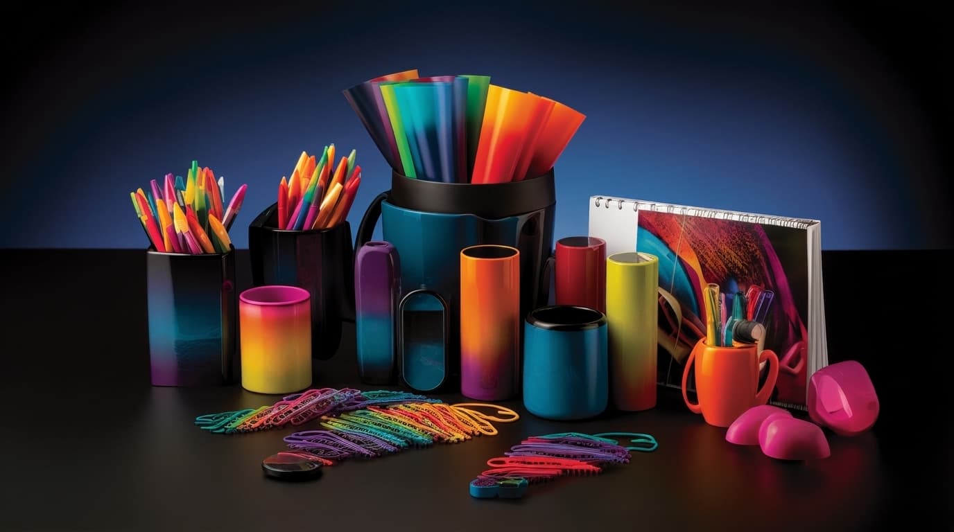 A collection of vibrant gradient-colored pens, tumblers, mugs, notebooks, and office accessories arranged on a dark surface.