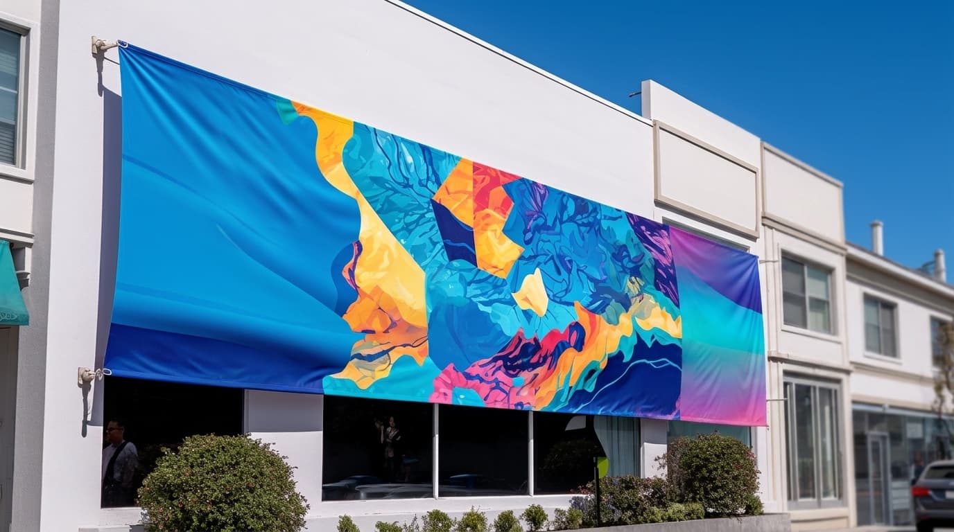 A large colorful vinyl banner with abstract patterns hangs across the white exterior facade of a commercial building.