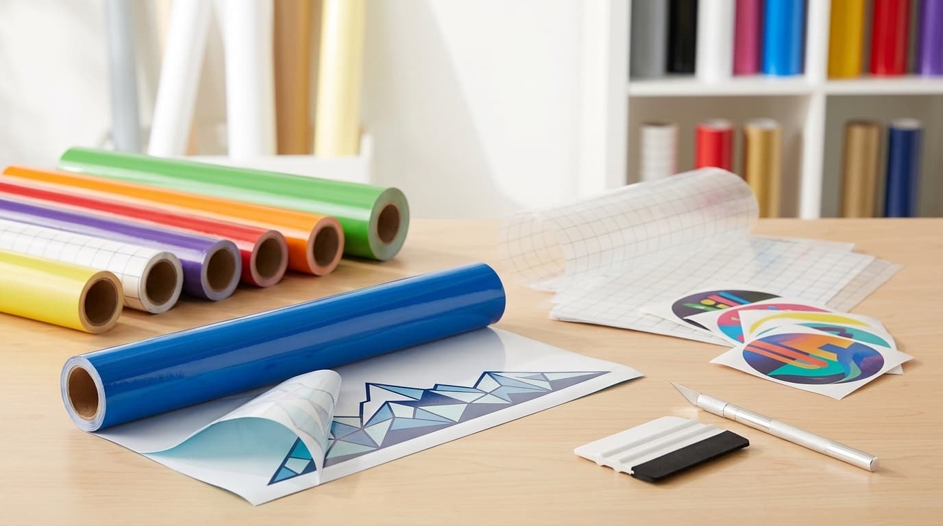 Colorful rolls of adhesive vinyl, printed decals, transfer tape, a squeegee, and a craft knife rest on a wooden table.