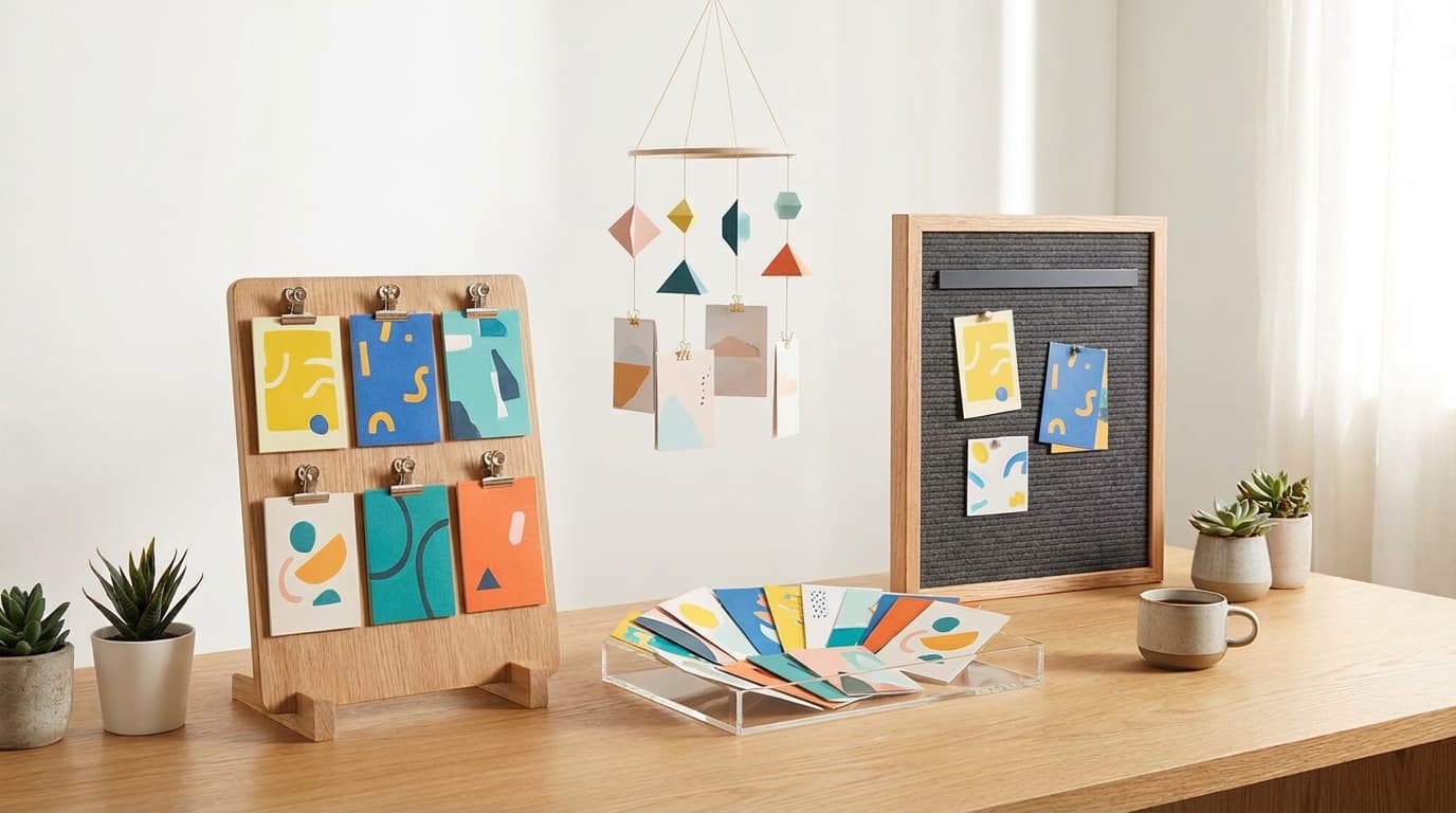 Colorful abstract cards arranged in various desktop displays, including a wooden clip stand, hanging mobile, and pinboard.