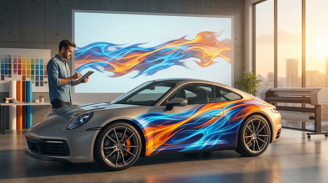 A designer holds a digital tablet beside a silver sports car featuring vibrant blue and orange flame decals.