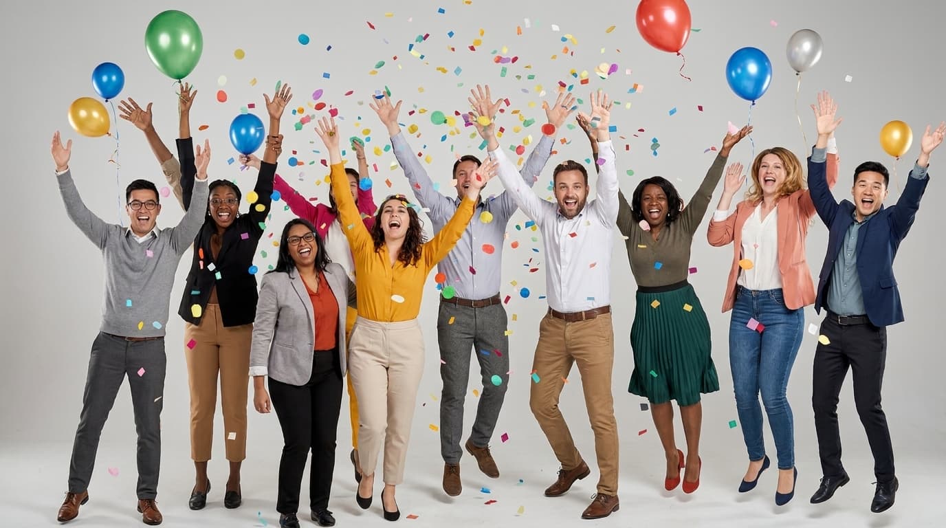 A diverse group of business professionals celebrates with raised arms under falling colorful confetti and floating party balloons.
