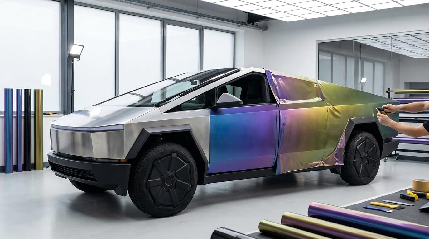 A technician applies an iridescent color-shifting vinyl wrap to the side of a futuristic electric pickup truck.