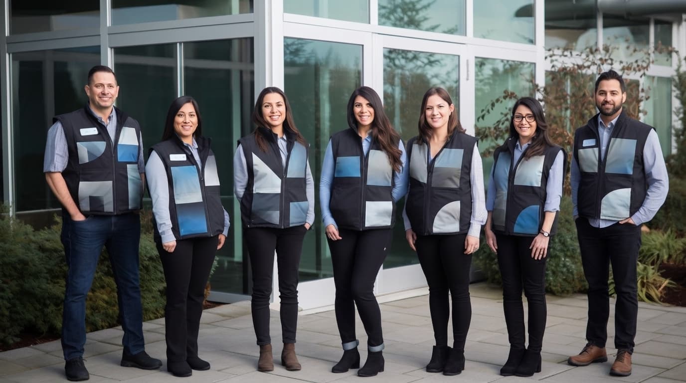 A group of professional coworkers standing outside a modern office building wearing matching vests with name tags.