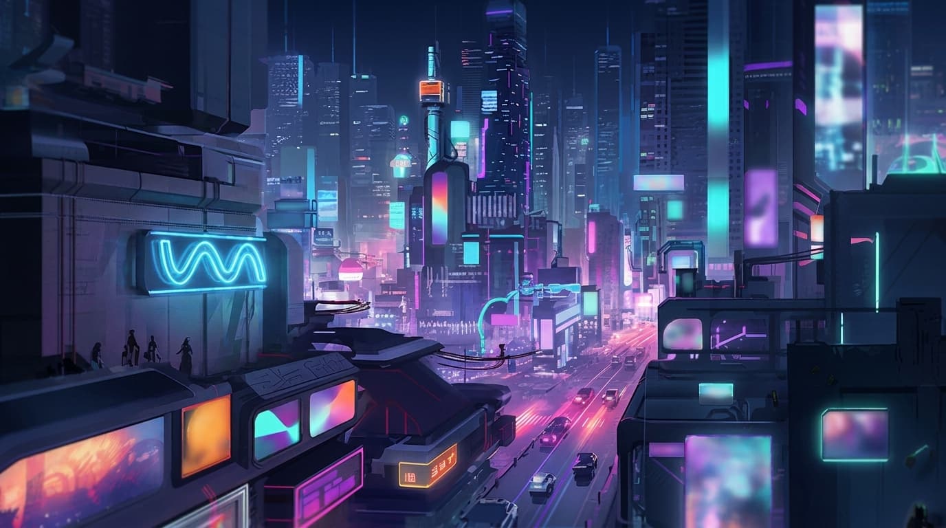 Futuristic digital illustration of a bustling cyberpunk cityscape illuminated by neon signs and traffic lights at night.