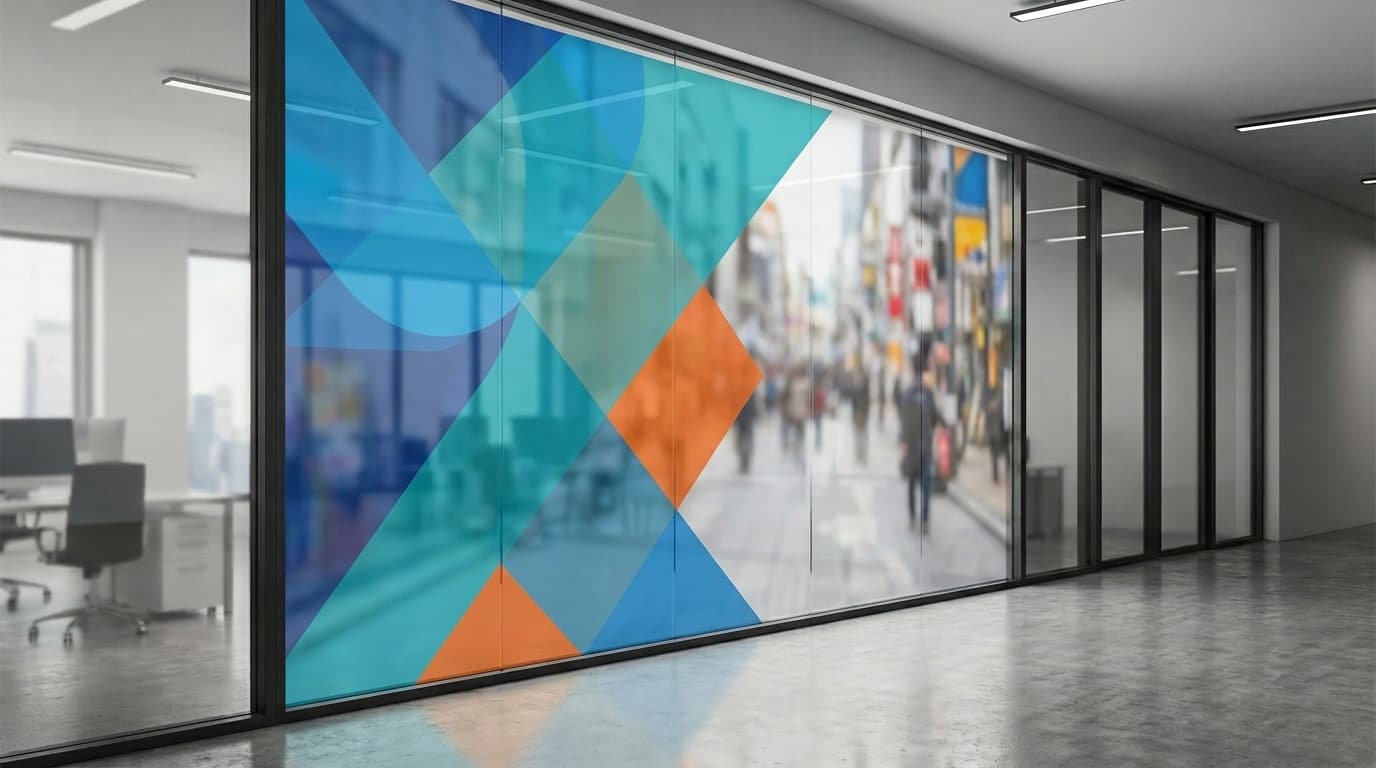Colorful geometric decals in teal, blue, and orange adorn a large glass office partition along a hallway.