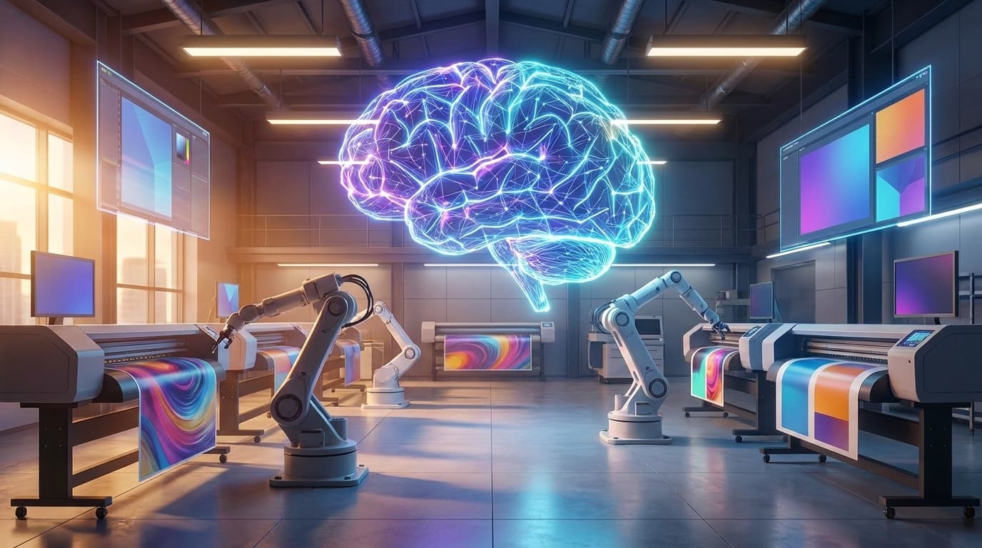 A glowing digital brain hovers over automated robotic arms operating large-format printers producing colorful graphics in a modern workshop.