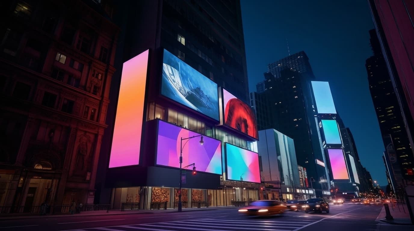 Vibrant digital LED screens display colorful abstract graphics across a modern building facade along a nighttime city street.