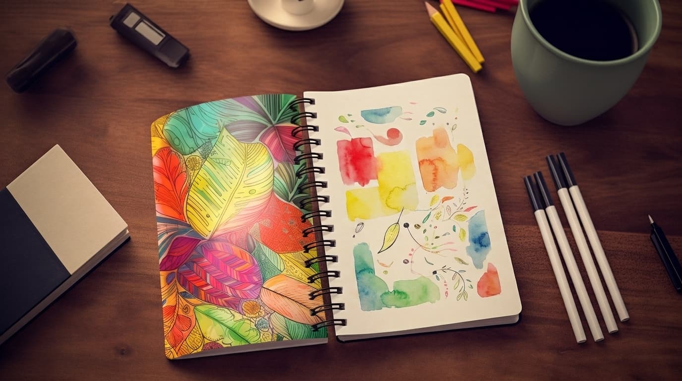 An open spiral notebook with colorful leaf illustrations and watercolor swatches sits on a wooden desk with pens.