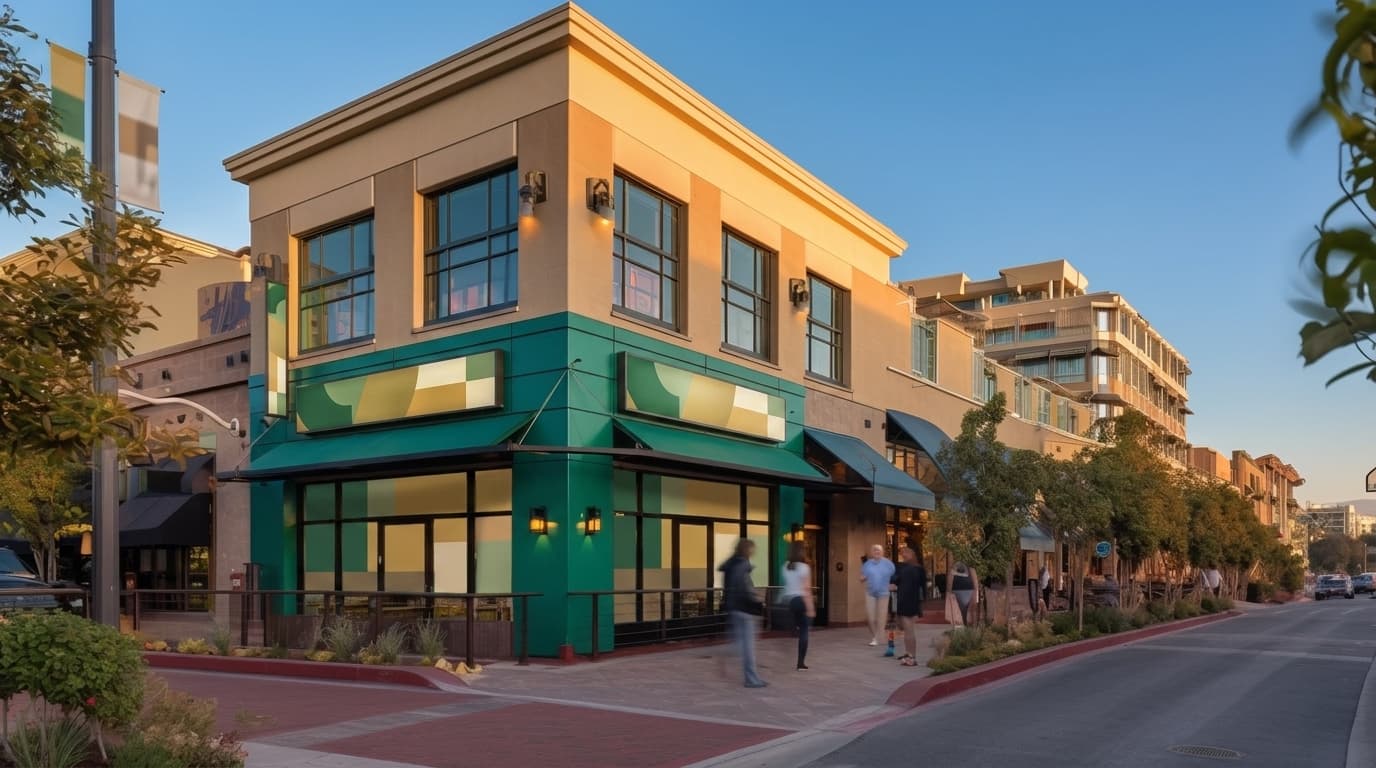Pedestrians walk past a modern corner commercial storefront featuring green exterior panels, awnings, and outdoor signboards.
