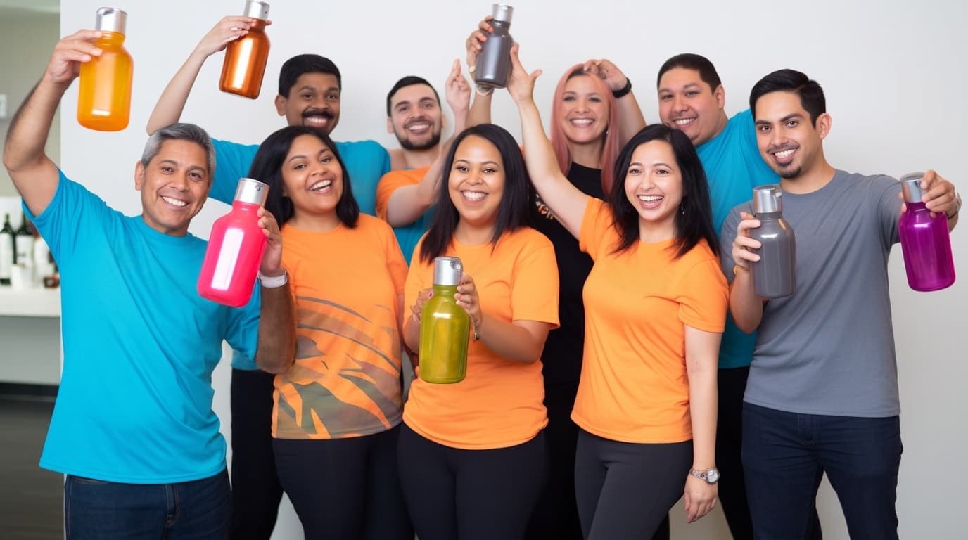 A smiling group of diverse coworkers in bright t-shirts proudly holds up colorful reusable water bottles together.