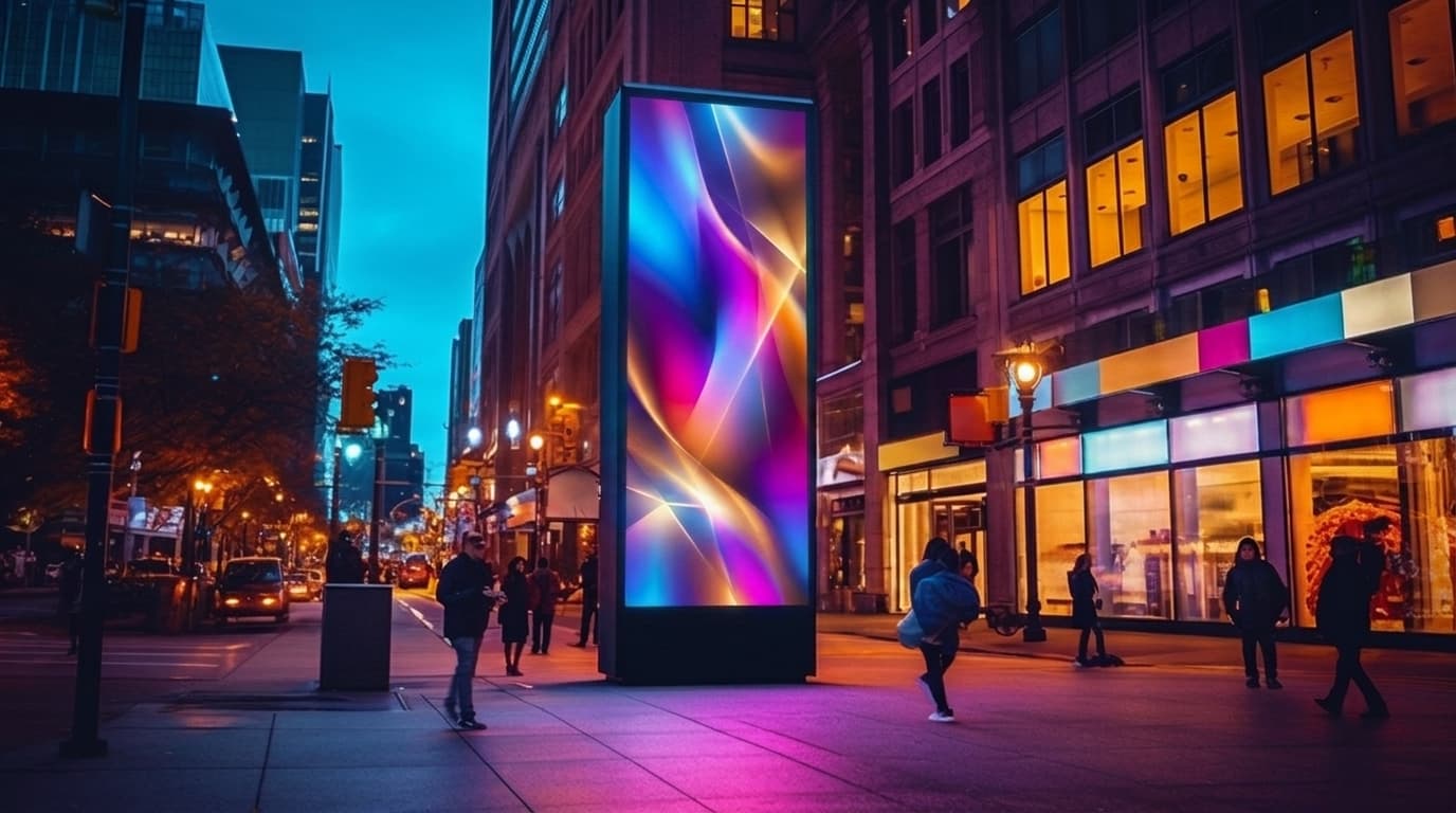 A tall illuminated digital signage kiosk displaying vibrant colorful graphics stands on a city sidewalk at night.