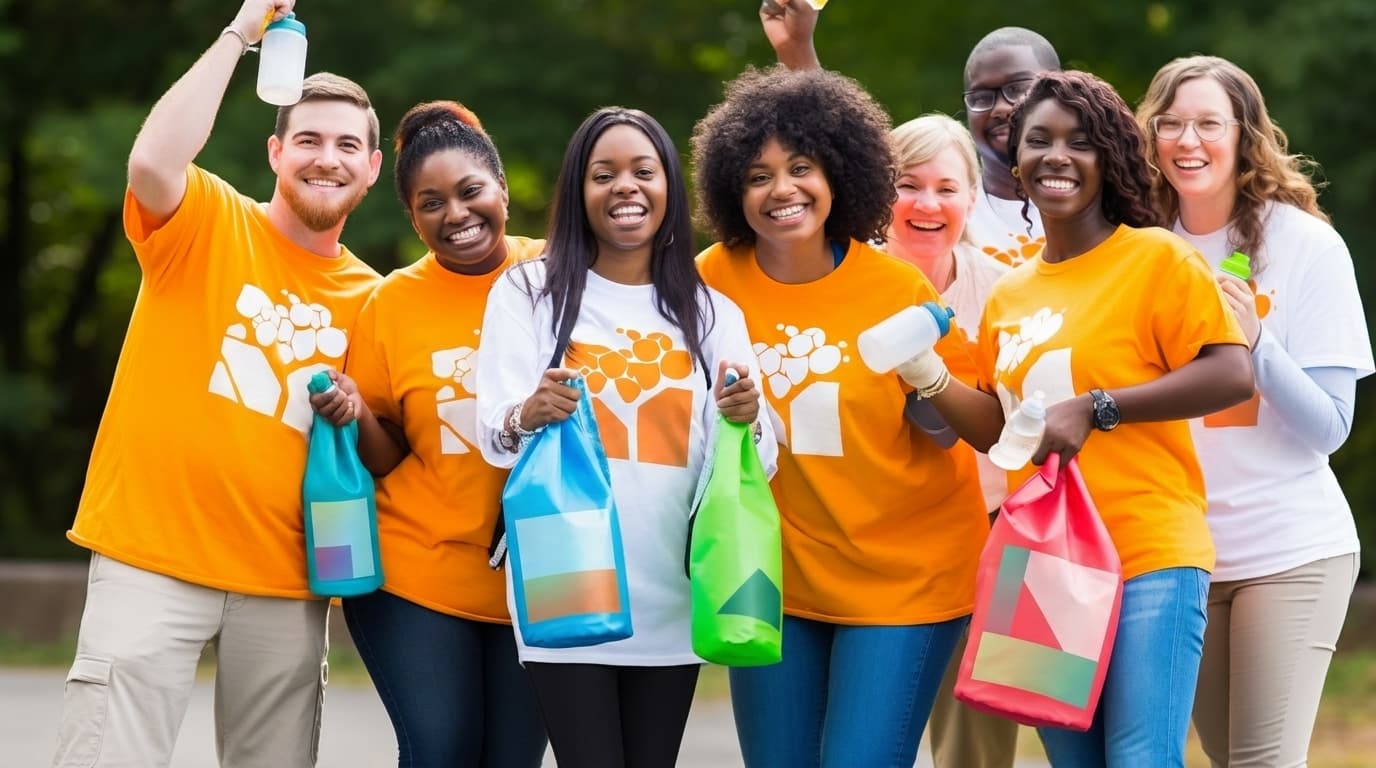 A cheerful group of diverse volunteers wearing matching branded shirts and holding colorful tote bags and water bottles outdoors.