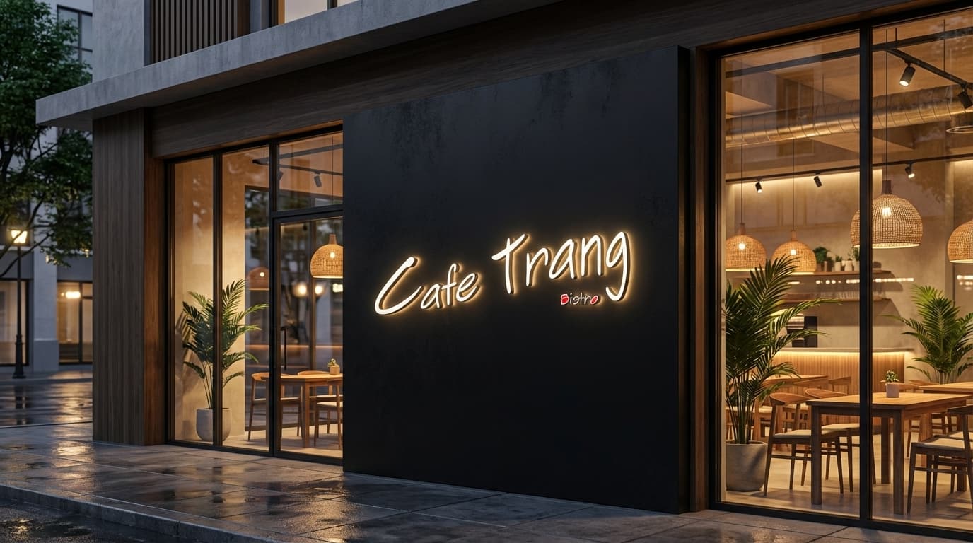 An illuminated script sign for Cafe Trang Bistro on a dark modern restaurant storefront at dusk.