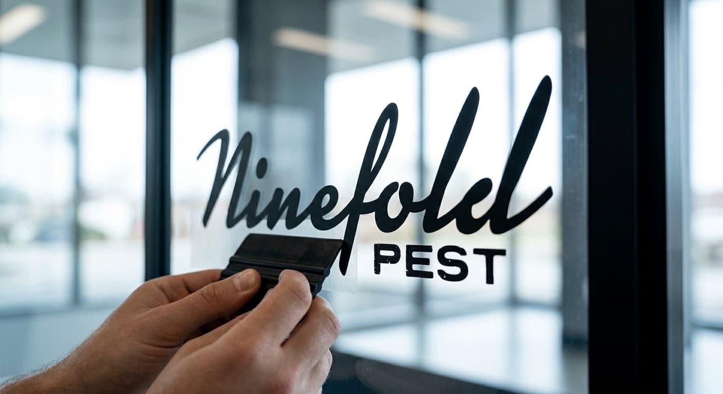A person's hands use a squeegee to apply a black 'Ninefold PEST' vinyl decal to a glass storefront window.
