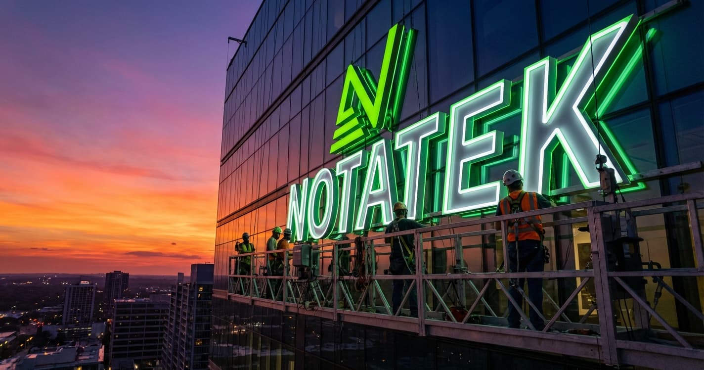 Workers on a suspended platform install a large, green illuminated 'NOTATEK' sign on a high-rise at sunset.