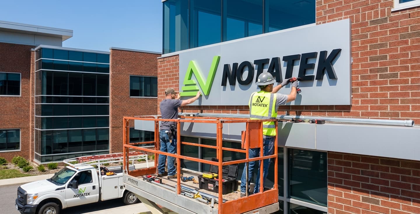 Two workers in a lift install a large 3D logo sign reading NOTATEK on the brick exterior of a modern office building.