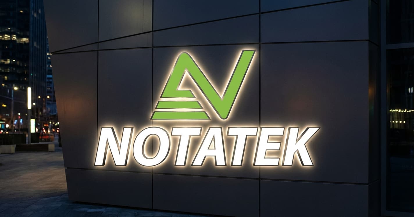 Illuminated building sign at night for 'NOTATEK' with a green geometric logo on a dark facade.