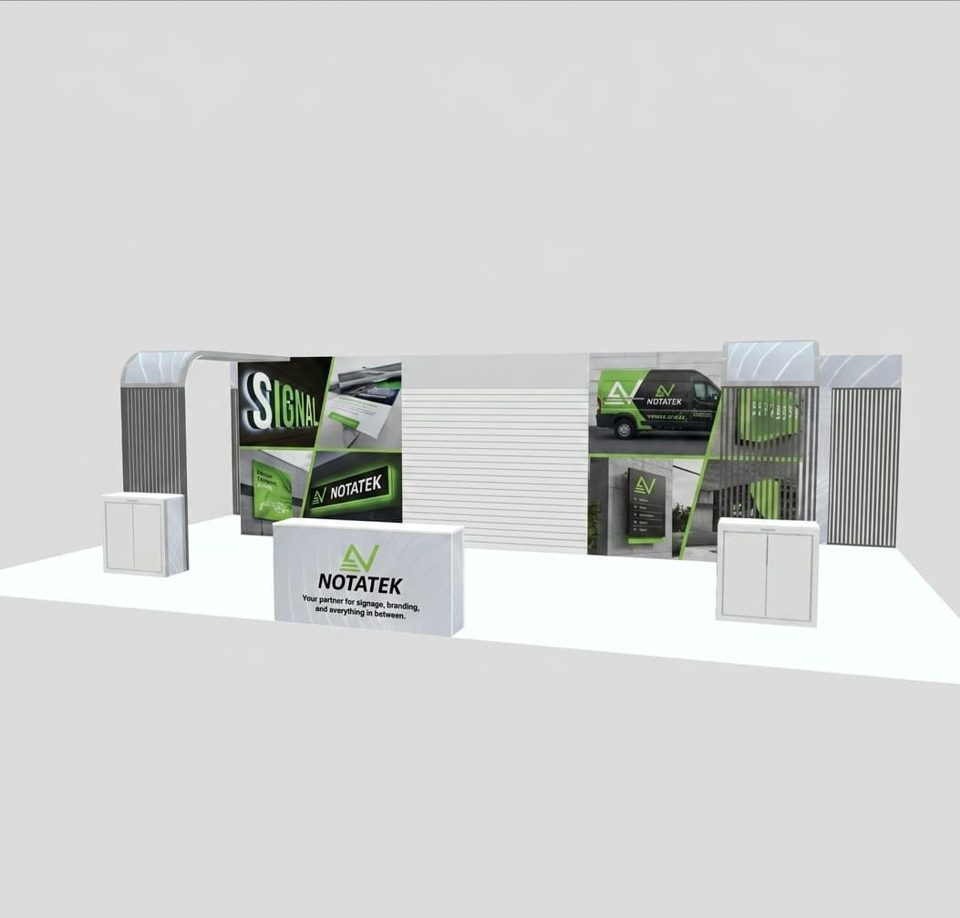 3D render of an exhibition booth showcasing NOTATEK branding with graphic panels for signage, van wraps, and illuminated letters.