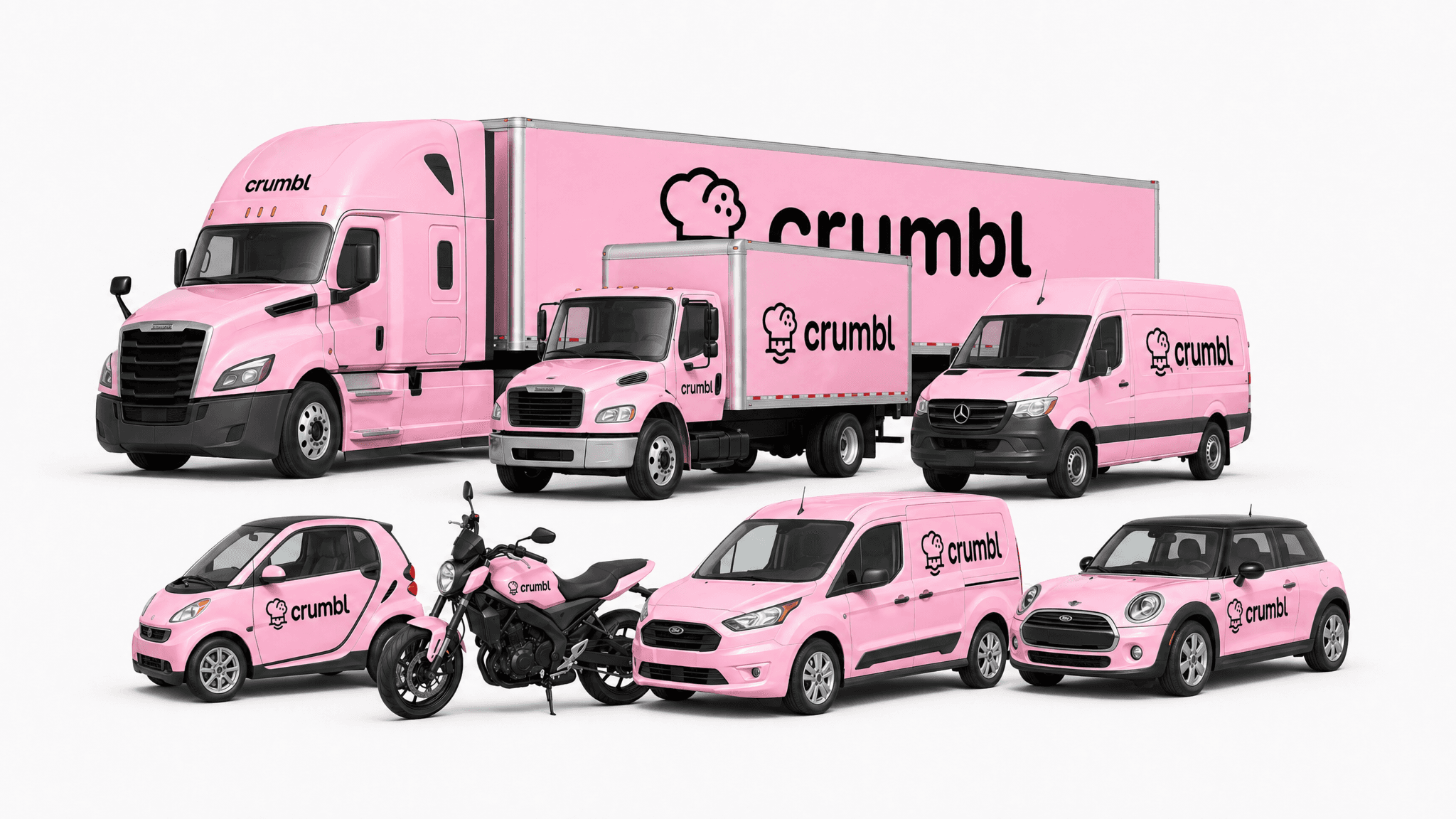 A fleet of varied light pink delivery vehicles branded with the Crumbl logo and chef hat icon.