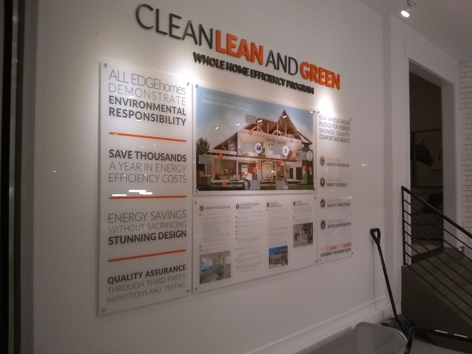 Edge Homes acrylic lobby wall display highlighting their Clean Lean and Green energy efficiency program.