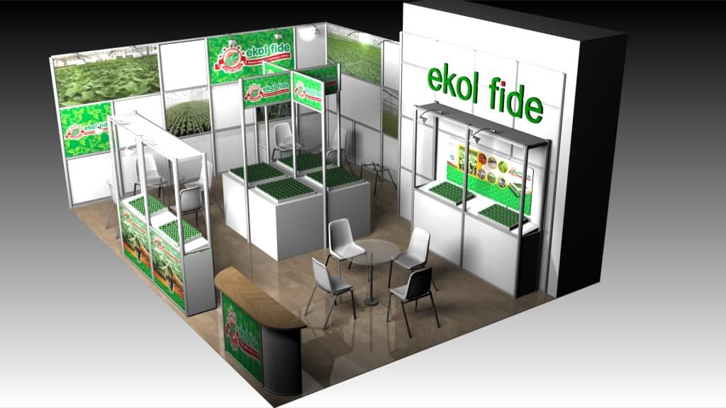 3D rendering of an agricultural trade show booth design for Ekol Fide featuring display tables and seating area.
